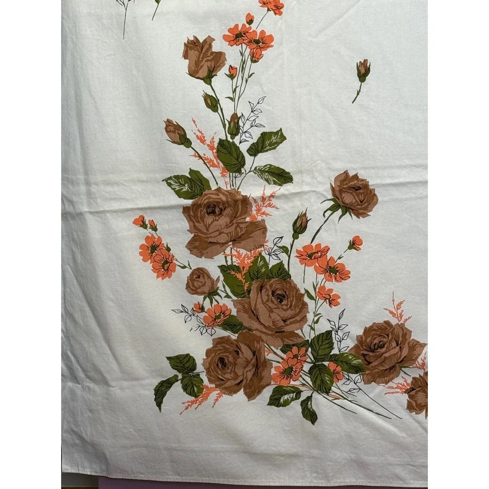 Vintage Floral Tablecloth Brown Roses Orange Flowers White Rectangular 52x66